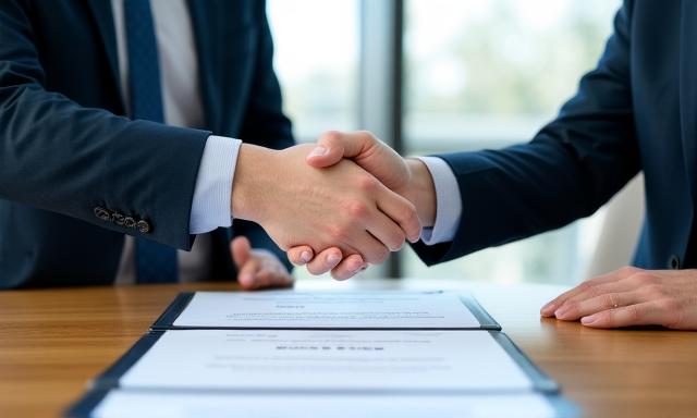 Apretón de manos profesional tras acuerdo comercial