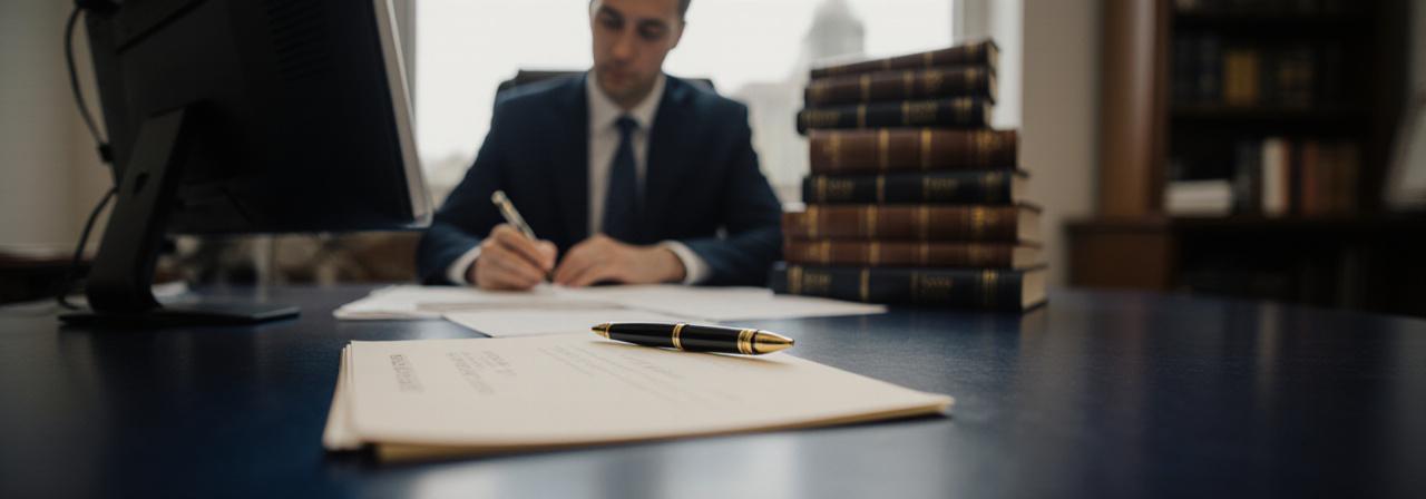 Mano escribiendo con pluma en un entorno legal profesional
